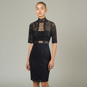 Black Lace Bodycon Dress Sz 6 Sheer Cocktail Gothic Vamp Holiday Party NYE Retro